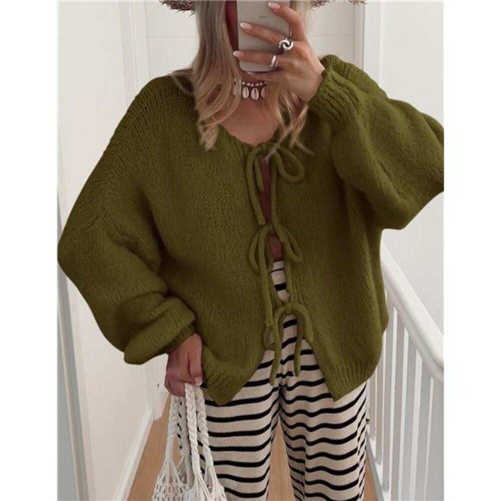 NEW Women's Tie Front Bow Cardigan Sweaters Chunky Knit Long Puff Sleeve Trendy - Picture 6 of 6